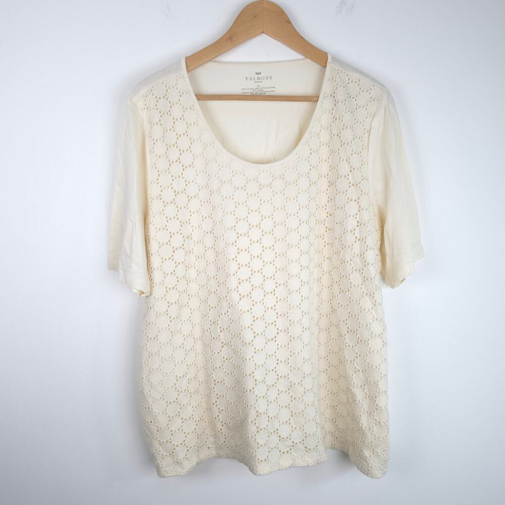 Talbots Cream Eyelet Crochet Overlay Short Sleeve Tee Shirt Top Size 2X Women's